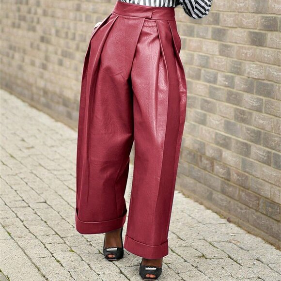 Burgundy Elegant Women's Faux Leather Baggy Pants With Pocket - Picture 1 of 4